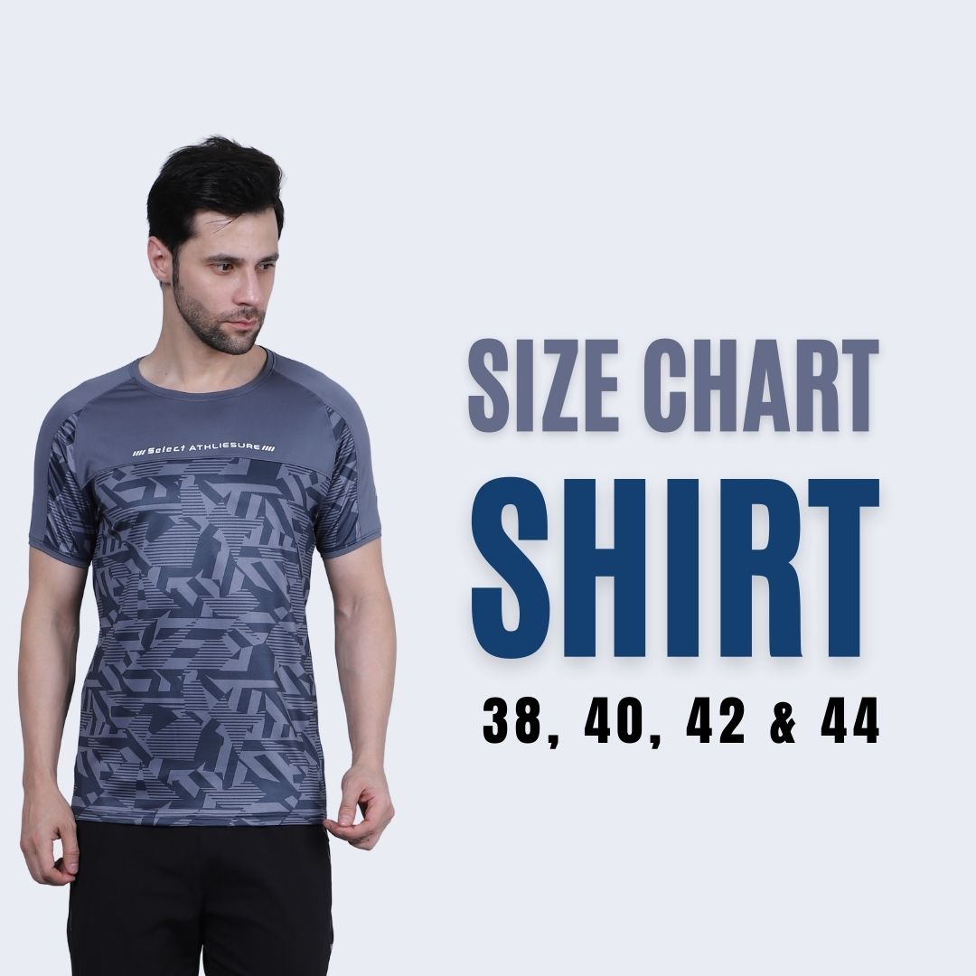 Man wearing a patterned shirt with size chart text on a white background