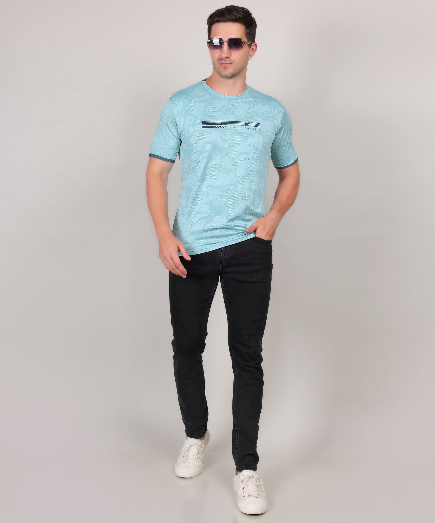 SELECT 4147 ULTRA-DRY JACQUARD KNIT ROUND NECK ICE BLUE T-SHIRT