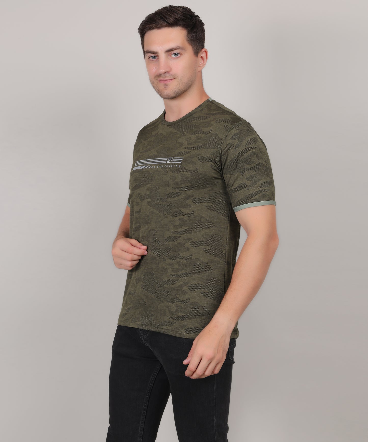 SELECT 4147 ULTRA-DRY JACQUARD KNIT ROUND NECK OLVIE T-SHIRT