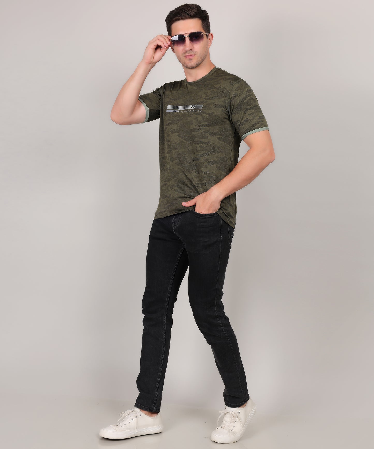 SELECT 4147 ULTRA-DRY JACQUARD KNIT ROUND NECK OLVIE T-SHIRT