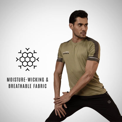 Man wearing a sports outfit with moisture-wicking and breathable fabric text and logo on a gray background