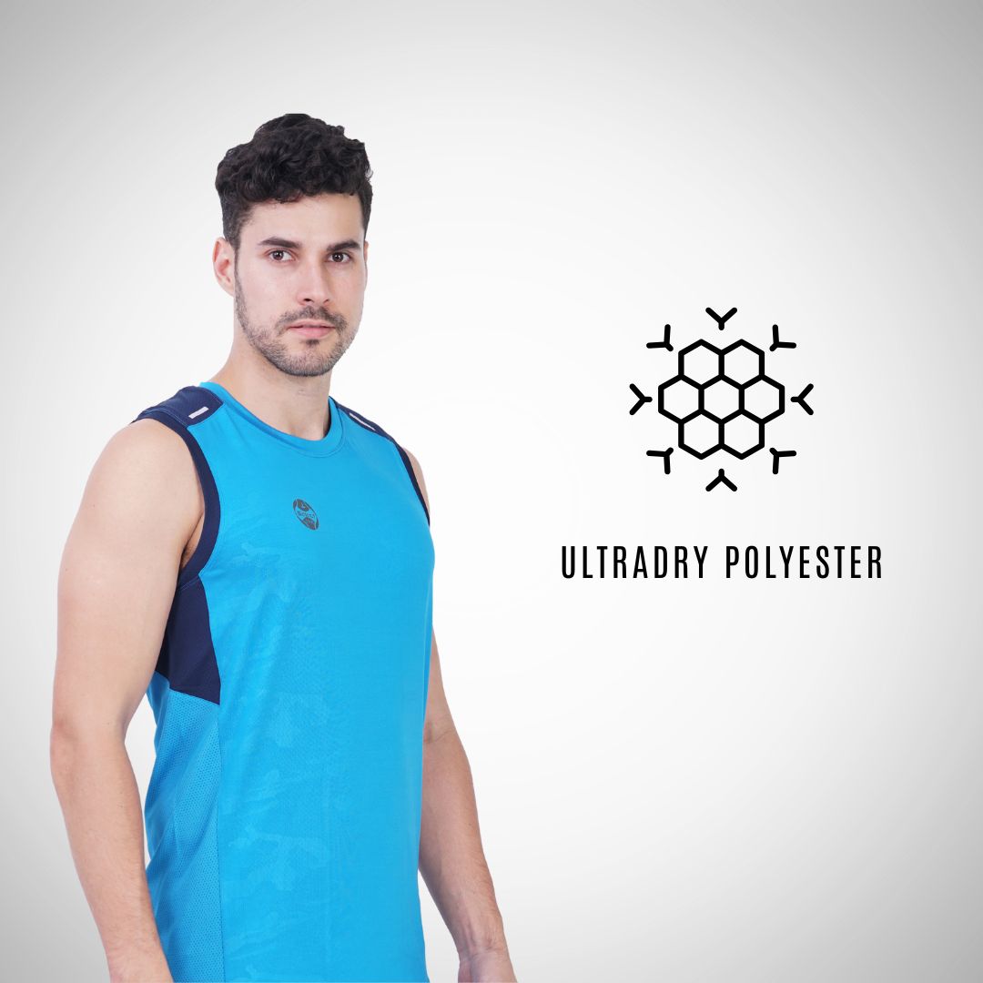 Man wearing a blue sleeveless shirt with Ultradry Polyester logo on a gray background