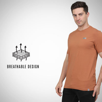 Man wearing a brown t-shirt with a breathable design icon on a white background