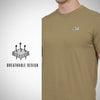 Khaki t-shirt with a small logo on a plain background, featuring text 'Breathable Design'.