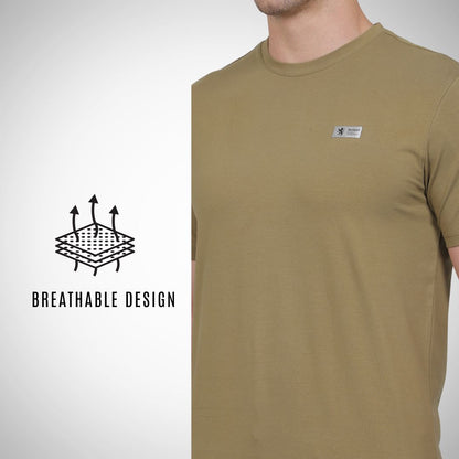 Khaki t-shirt with a small logo on a plain background, featuring text 'Breathable Design'.