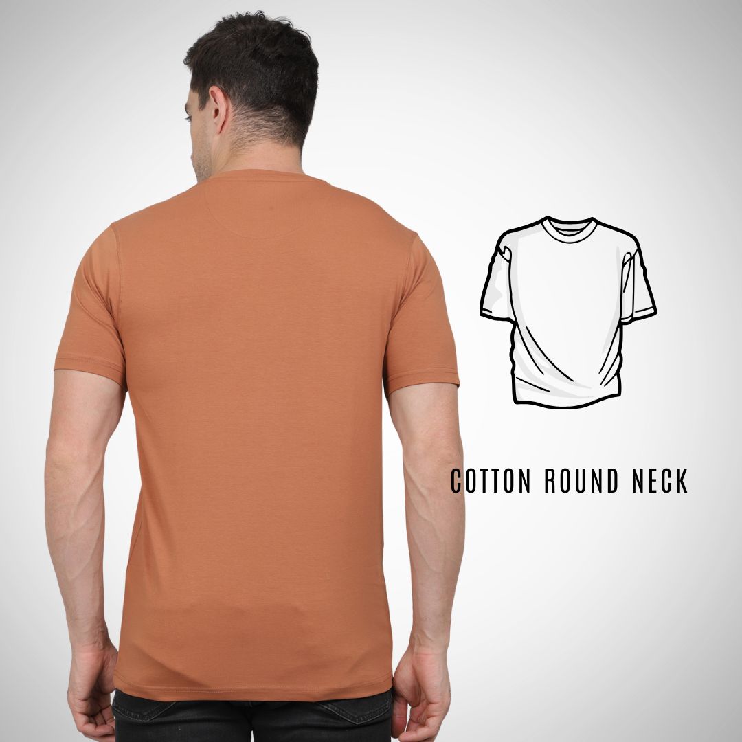 Man wearing a brown cotton round-neck t-shirt with an inset diagram on a white background