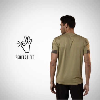 Man wearing a green athletic shirt with 'Perfect Fit' logo on a white background