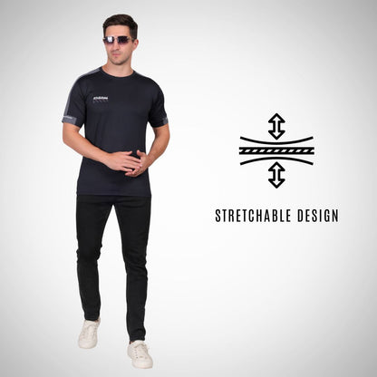 Man wearing a black t-shirt and pants with sunglasses, standing next to a stretchable design icon on a white background.