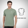 Man wearing a green cotton round-neck t-shirt with an inset diagram on a white background