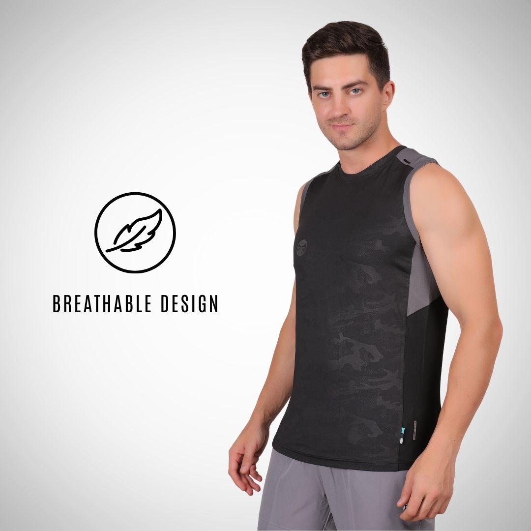 Man wearing a black sleeveless athletic shirt with gray accents on a white background, featuring a 'Breathable Design' icon.