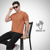 Man wearing a brown t-shirt sitting on a chair with 'Perfect Fit' logo.