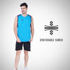 Man wearing a blue sleeveless shirt and black shorts with stretchable fabric icon and text on a white background