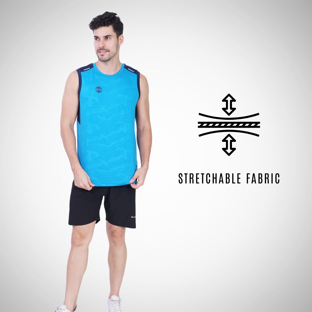Man wearing a blue sleeveless shirt and black shorts with stretchable fabric icon and text on a white background