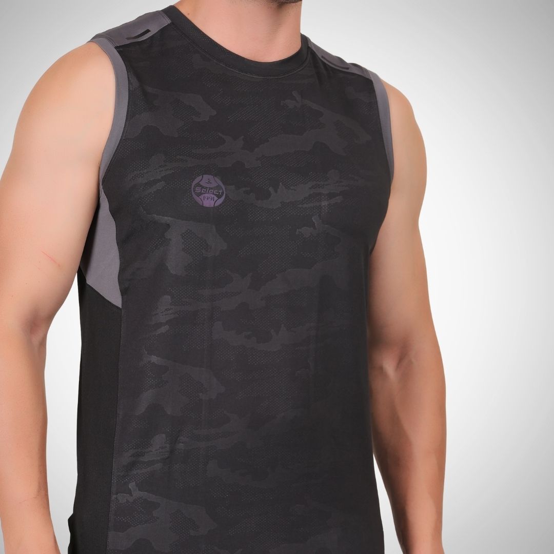 Black sleeveless shirt with camouflage pattern on a gray background