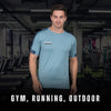 Man wearing a blue athletic shirt in a gym setting with text 'Gym, Running, Outdoor'.