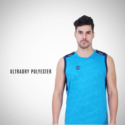 Man wearing a blue sleeveless shirt with Ultradry Polyester text on a white background