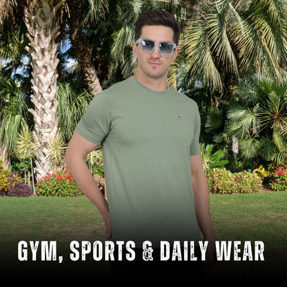 Man wearing a green t-shirt with sunglasses in a tropical setting, text 'GYM, SPORTS & DAILY WEAR' at the bottom.
