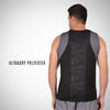Person wearing a black and gray sleeveless shirt with 'Ultradry Polyester' text on a white background