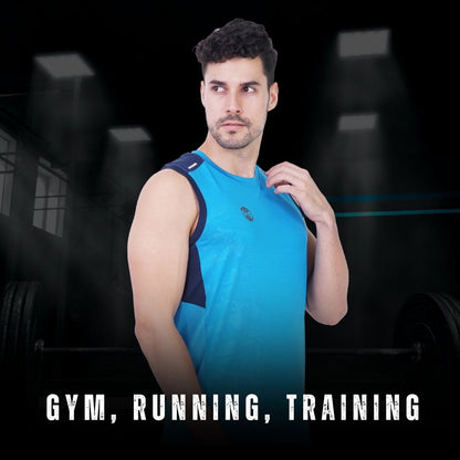 Man wearing a blue sleeveless shirt with text 'GYM, RUNNING, TRAINING' in a gym setting