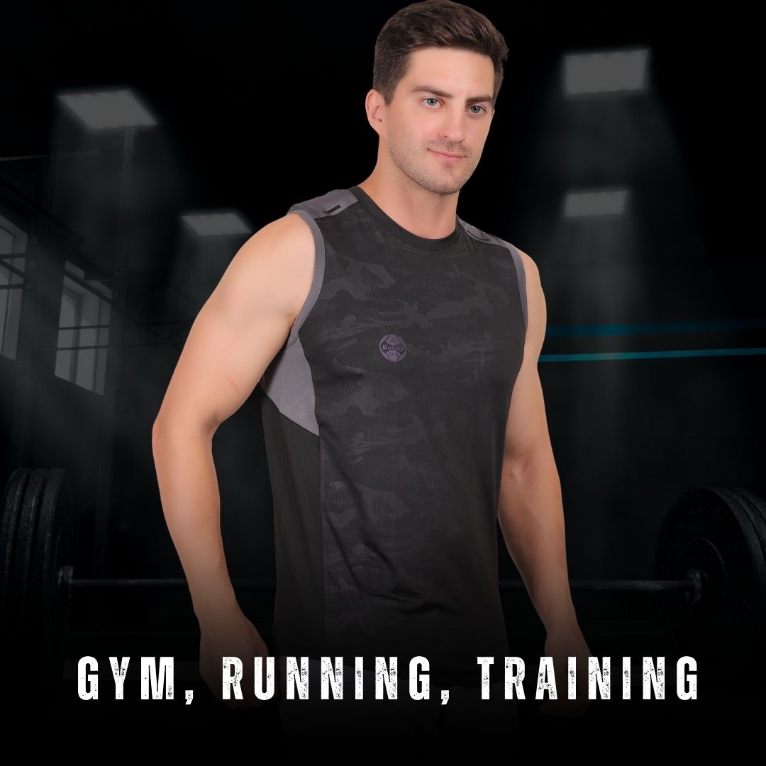 Man wearing a sleeveless athletic shirt in a gym setting with text 'GYM, RUNNING, TRAINING'.