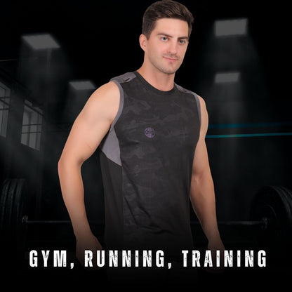 Man wearing a sleeveless athletic shirt in a gym setting with text 'GYM, RUNNING, TRAINING'.
